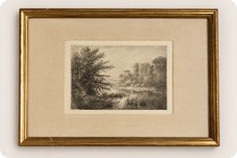 Gravure ancienne encadrée – Paysage romantique avec rivière