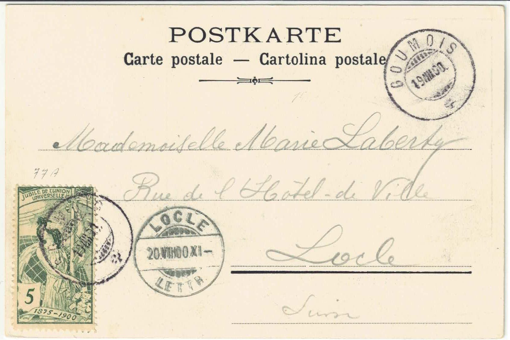 Cartoline postali: Souvemir de Goumois - UPU 1900 – Usato da Ettingen venduto da Kartenplanet 1