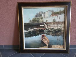 antikes ÖL Gemälde Hafen Szene - 77 x 77 cm