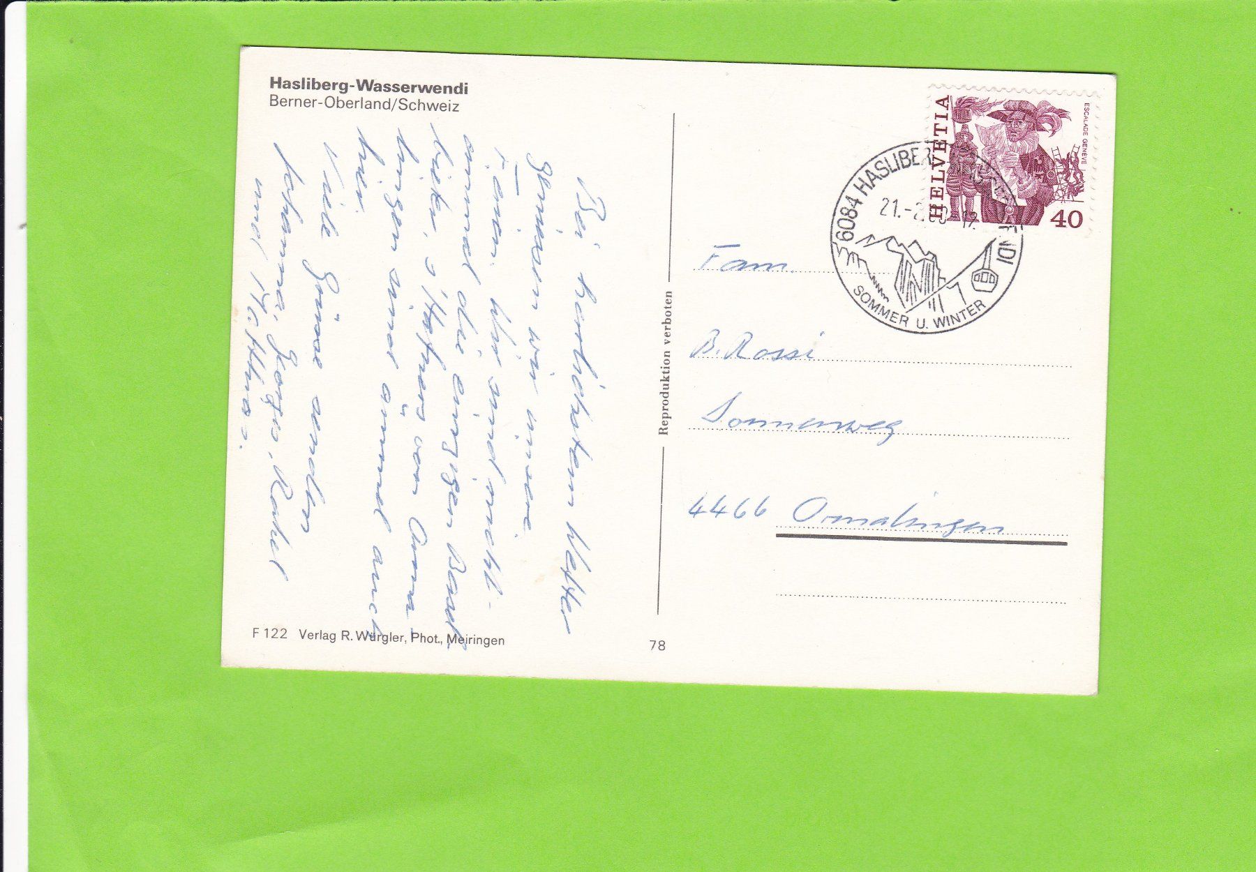 Cartoline postali: Hasliberg-Wasserwendi – Usato da St. Peterzell venduto da neckertal 1