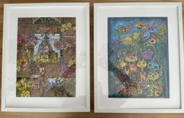 Colorful framed cat aquarelle painting