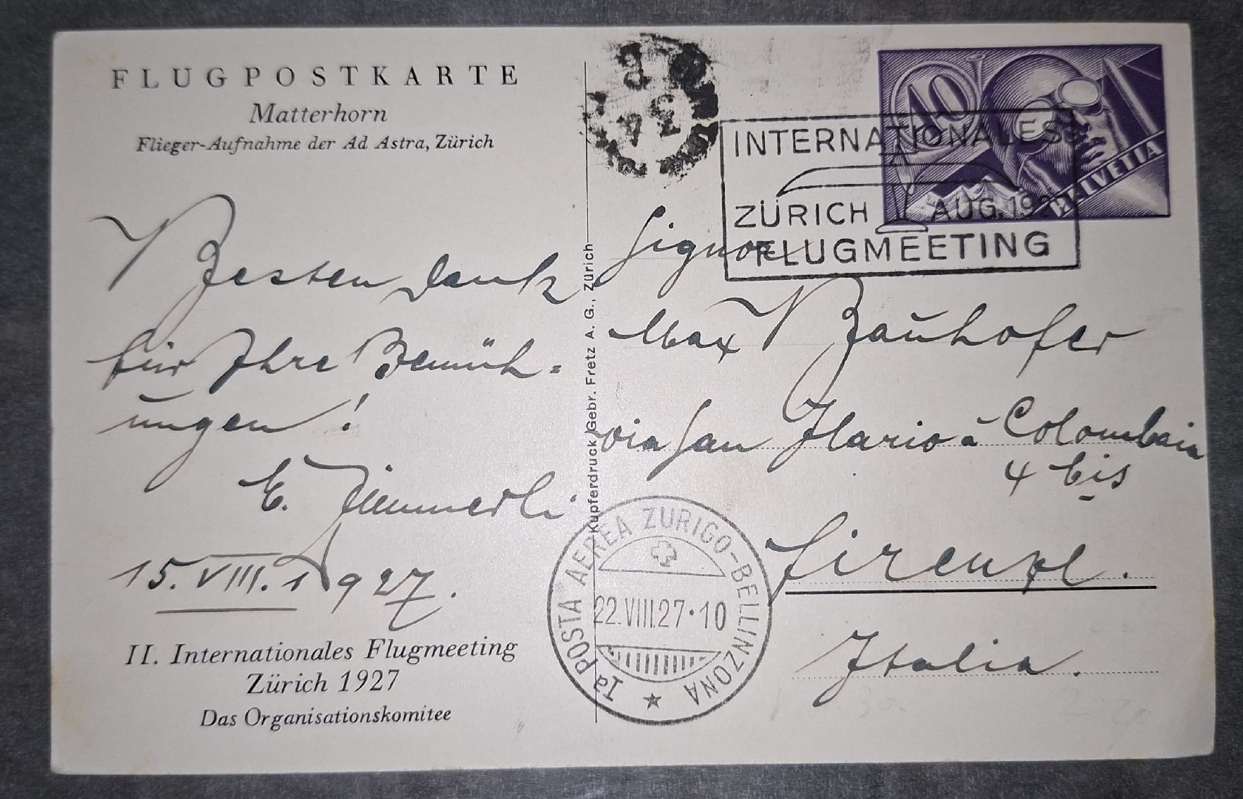 Tutti i francobolli: Flugpostkarte Matterhorn 1927 – Usato da Balgach venduto da SIMEON27 1