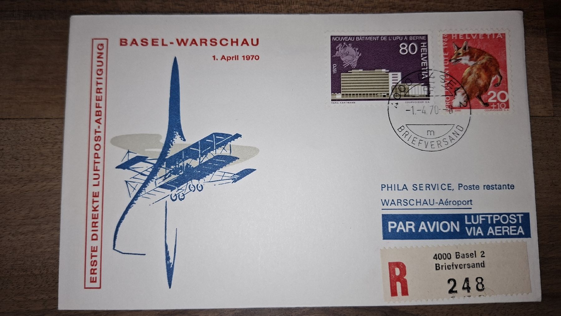 Tutti i francobolli: Basel - Warschau 01.04.1970 – Usato da Balgach venduto da SIMEON27
