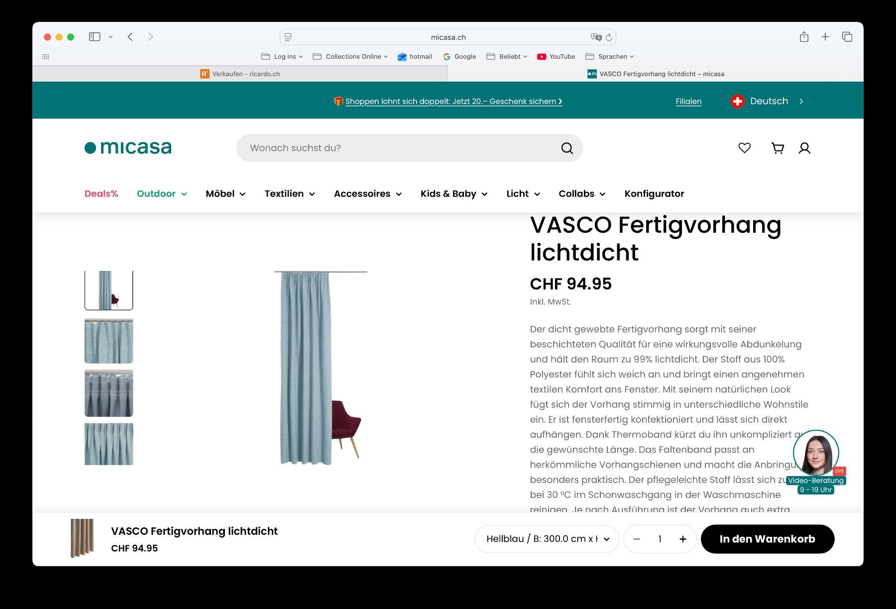 Tende: 1x Vorhang Hellblau Micasa Vasco – Usato da Zürich venduto da MSZ90 2