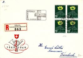 Viererblock PJ 1949- Schwefelanemone- auf Express-Brief