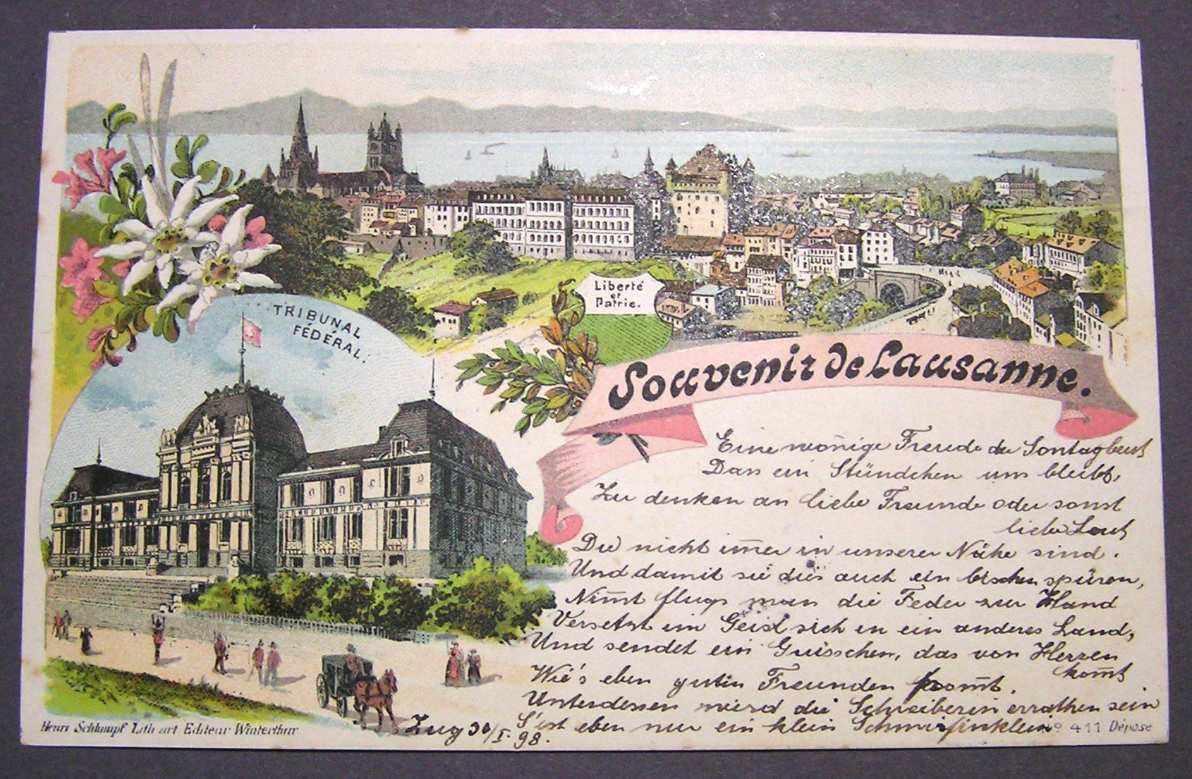 Ansichtskarten: Litho Souvenir de Lausanne 1898 – Gebraucht aus Grenchen von Antique-hunter