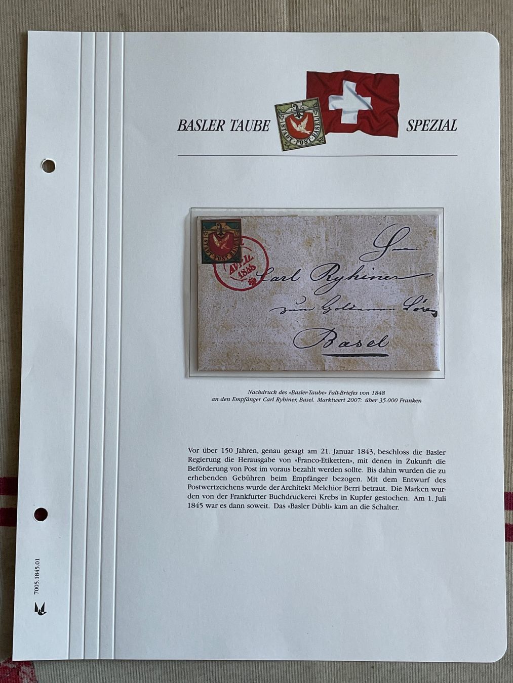 Tutti i francobolli: Basler Dübli - Colombe de Bâle - fac-similé avec explication – Nuovo e nell'imballaggio originale da Bôle venduto da Frouz