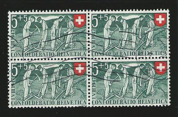 Tutti i francobolli: SUISSE Pro Patria 1947 5+5 bloc de 4 – Usato da Bussigny venduto da jacky1953
