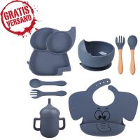 ELEFANT Babygeschirr 9er Set–aus Silikon mit Saugnapf (Blau)