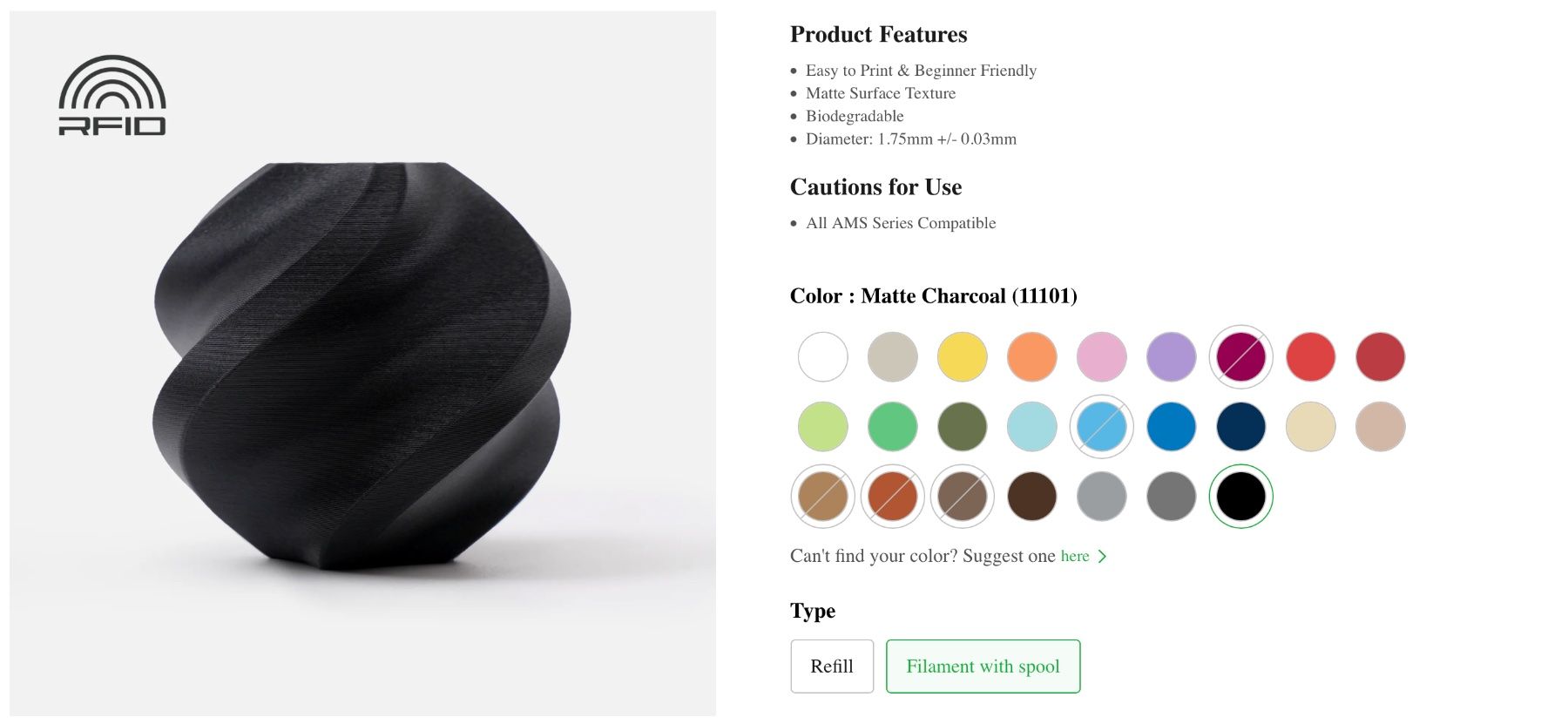 Filamento: Bambu Lab PLA Matte Charcoal (11101) / with spool – Nuovo e nell'imballaggio originale da Aven venduto da psdigital 1