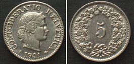 Schweiz 5 Rappen 1941 Nickel ERHALTUNG! vz+