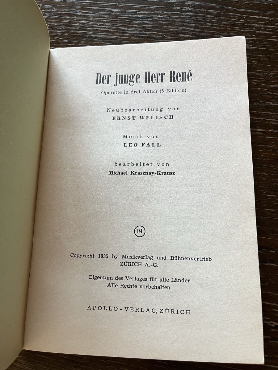 Libri: Operetten-Libretto "Der junge Herr René" 1935 – Usato da Winterthur venduto da Mmagu 1