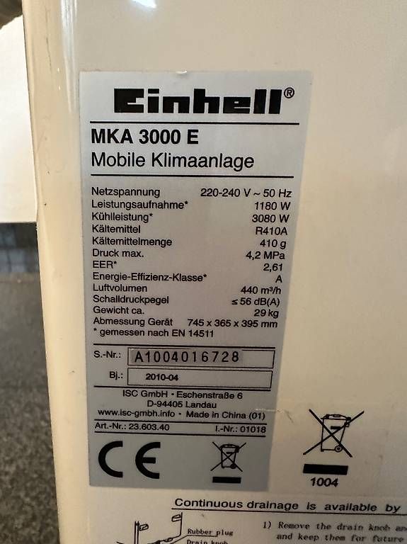 Klimageräte: Einhell MKA 3000 E Mobile Klimaanlage - sofort einsatzbereit – Gebraucht aus Schänis von  2