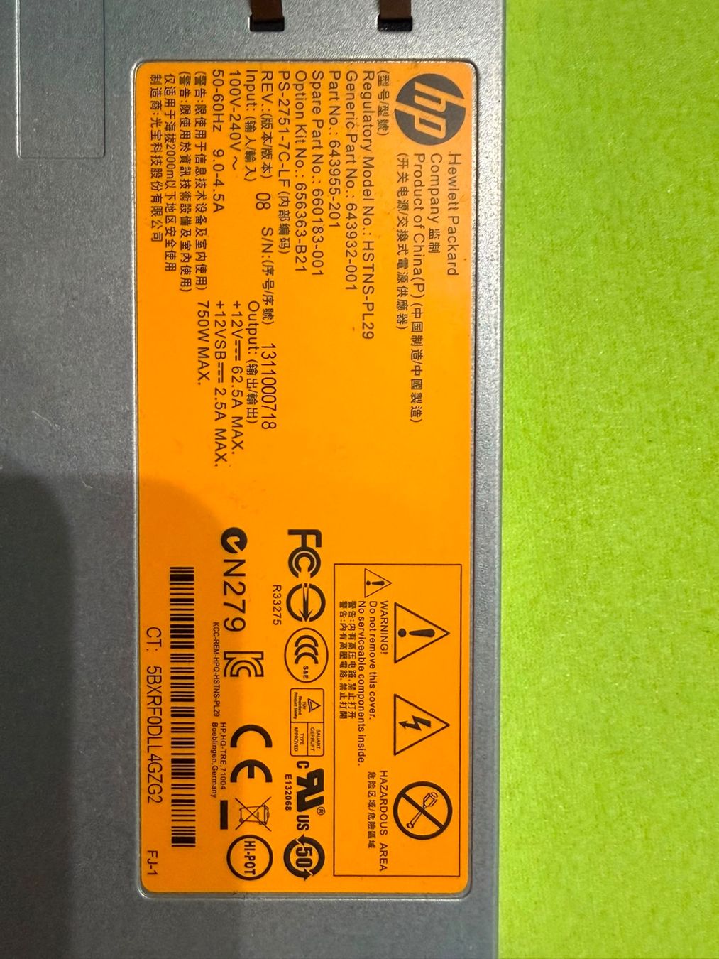 Hewlett Packard Server: HPE PSU 750W for Gen8 servers – Usato da Spreitenbach venduto da Nofear2u 1