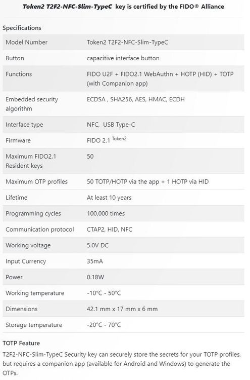 2x Token2 T2F2-NFC-Slim-TypeC FIDO2, U2F, TOTP Security Key (Neu und ...