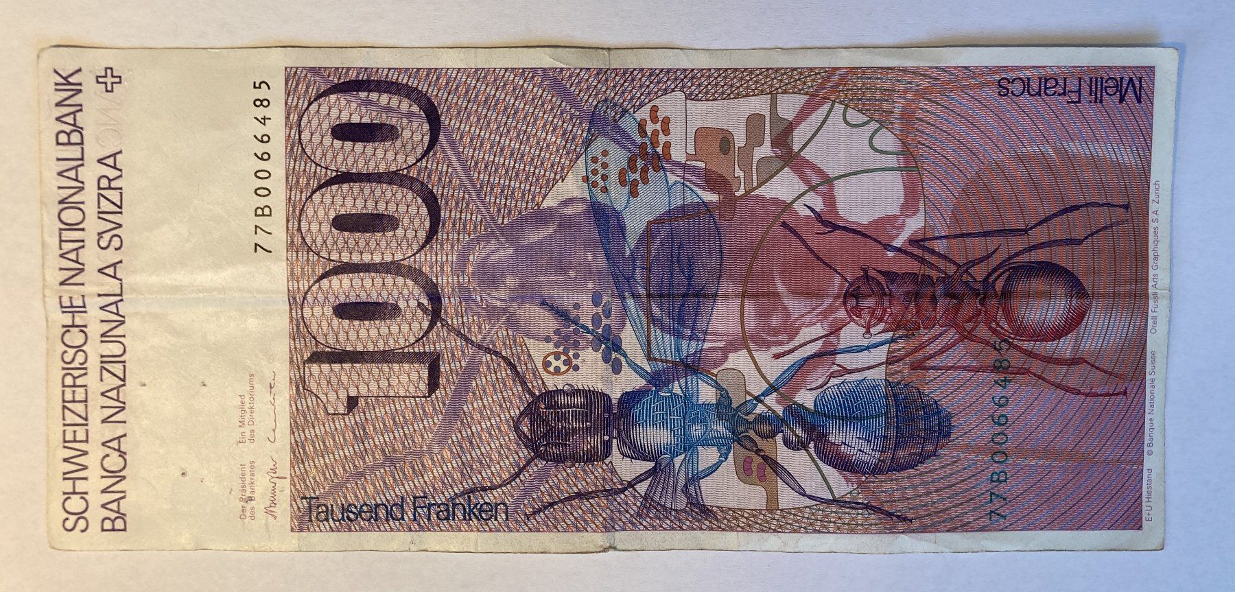 Banconote: 1000 Franken-Note 1977 "Ameise" – Usato da Rothenhausen venduto da peach910 1