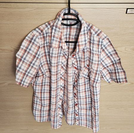 Wanderbluse weiss-dunkelblau-orange kariert - Grösse 44