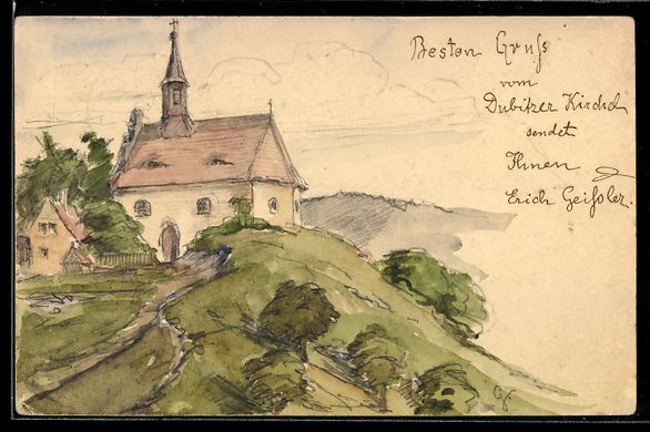 Ansichtskarten: Handgemalt: Dubitz, Kirche auf einem H – Gebraucht aus Berlin von bartko-reher