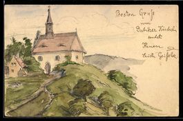 Handgemalt: Dubitz, Kirche auf einem H