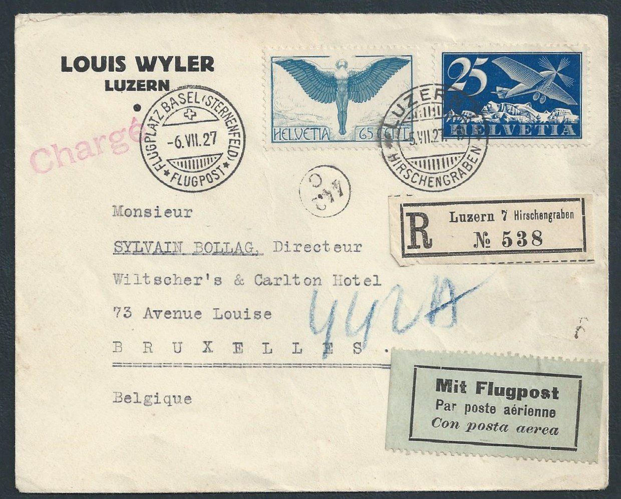Tutti i francobolli: Flugpost Schweiz 1927 Basel Brüssel ab Luzern Luftpost – Usato da Au ZH venduto da xelagreb01