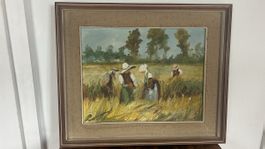 Gemälde, Bild signiert, Frauen bei der Ernte