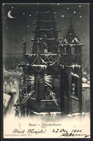 Basel, Verschneiter Münsterthurm bei Na