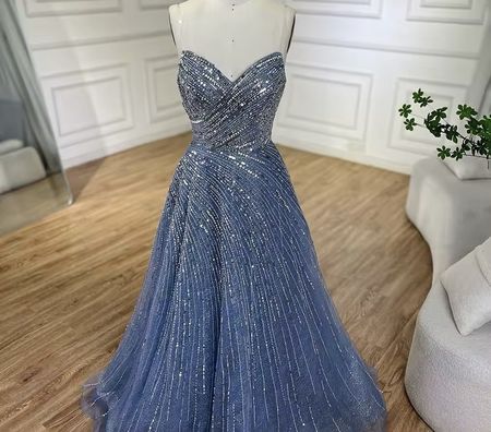 Evening Gown Blue Sequin Strapless Full Length Size M