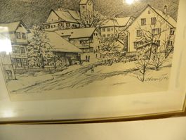 Zeichnung gerahmt Oberwil/AG von Rütimann 1980