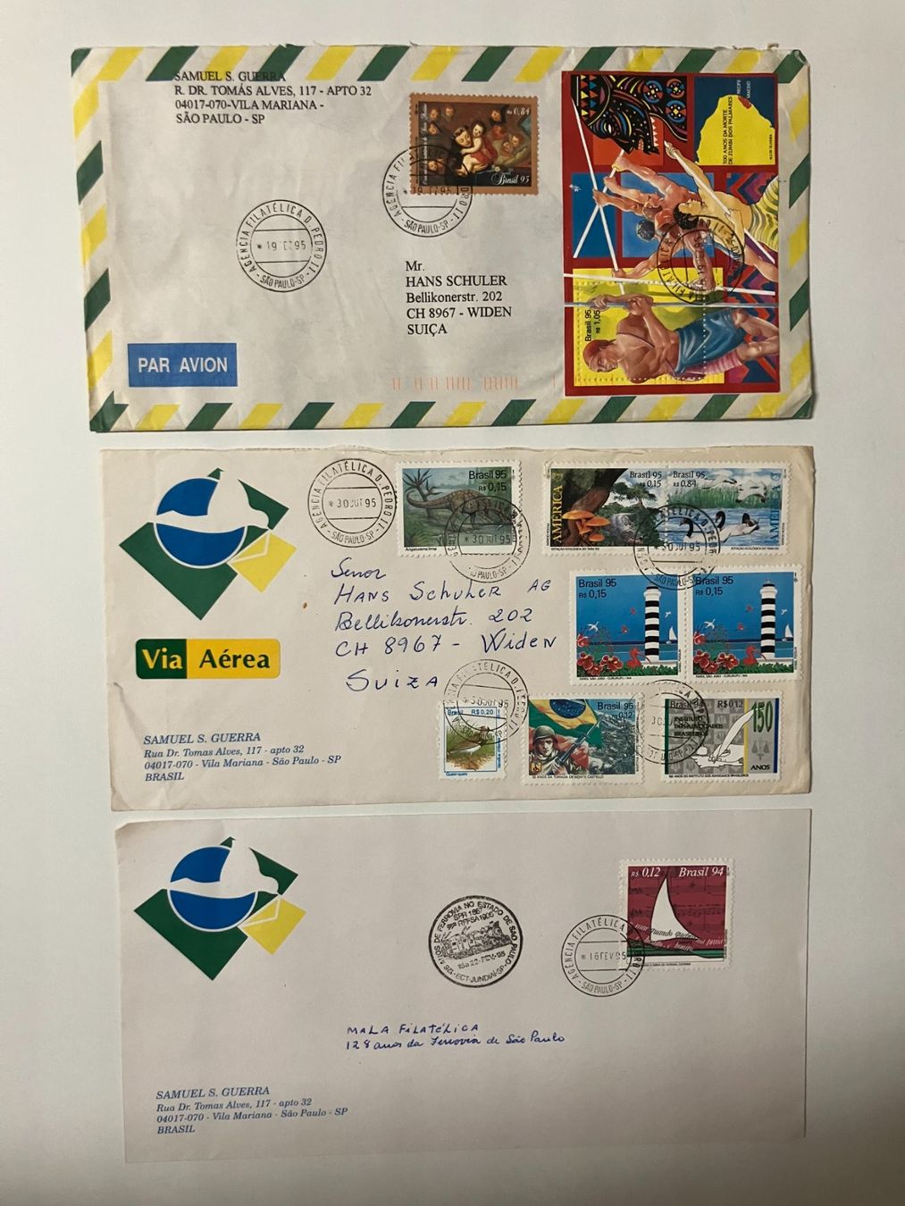 Alle Briefmarken: Brasilien 1994/96, 19 vers. FDC's – Gebraucht aus Würenlos von Eulenpostuhu