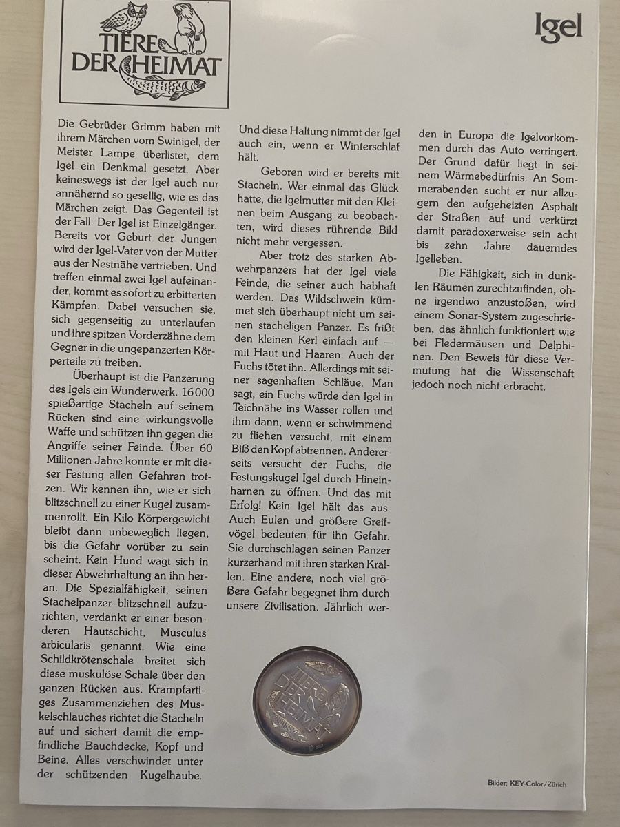 Medaillen: Numisbrief Tiere der Heimat Igel Silber 999 – Neu (gemäss Beschreibung) aus Muralto von Alex1912 1