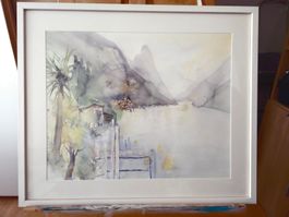 "PALMEN AM SEE" Aquarell mit Passepartout und Rahmen.