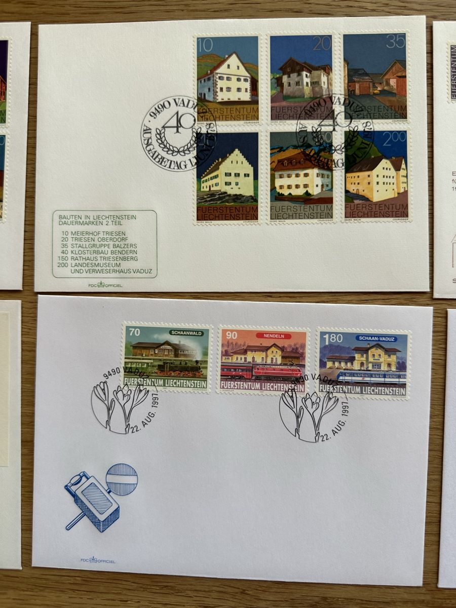 Alle Briefmarken: Liechtenstein - 7x  BAUTEN FDC‘s – Gebraucht aus Schmitten / FR von Samsara169 2