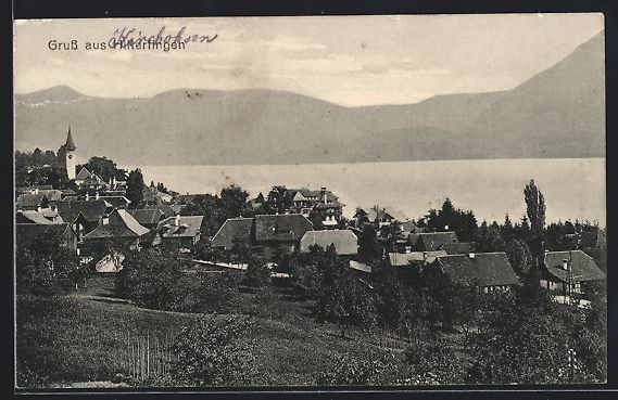 Cartoline postali: Hilterfingen, Ortsansicht mit Seeblick – Usato da Berlin venduto da bartko-reher