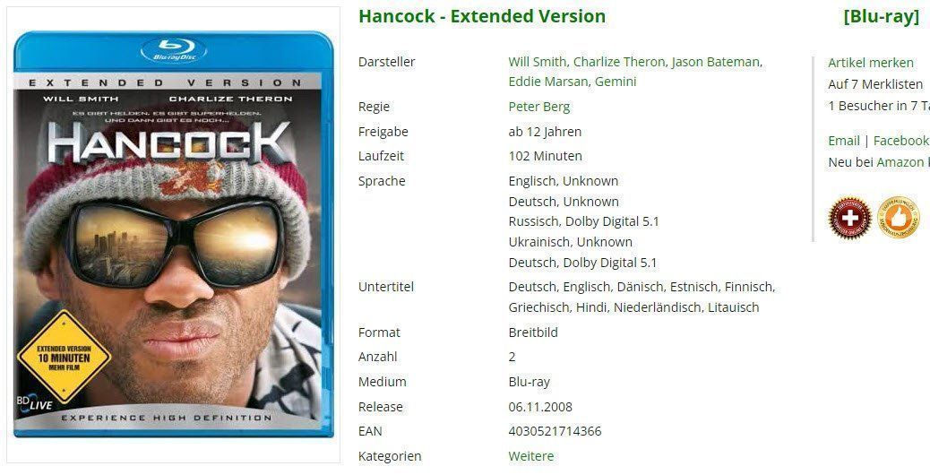 Tous les DVDs: Hancock - Extended Version (2 Discs) [Blu-ray] – D'occasion à Buchrain par Sssschaller