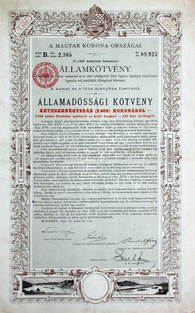 Documenti: 3% Königreich Ungarn, Budapest - 1895 – Usato da Solothurn venduto da Sgasche
