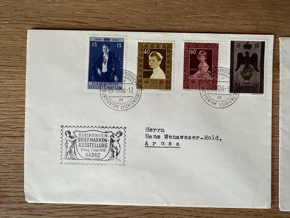 Tutti i francobolli: Liechtenstein - 1956 2 wunderschöne Briefe mit Sonderstempel – Usato da Schmitten / FR venduto da Samsara169 1