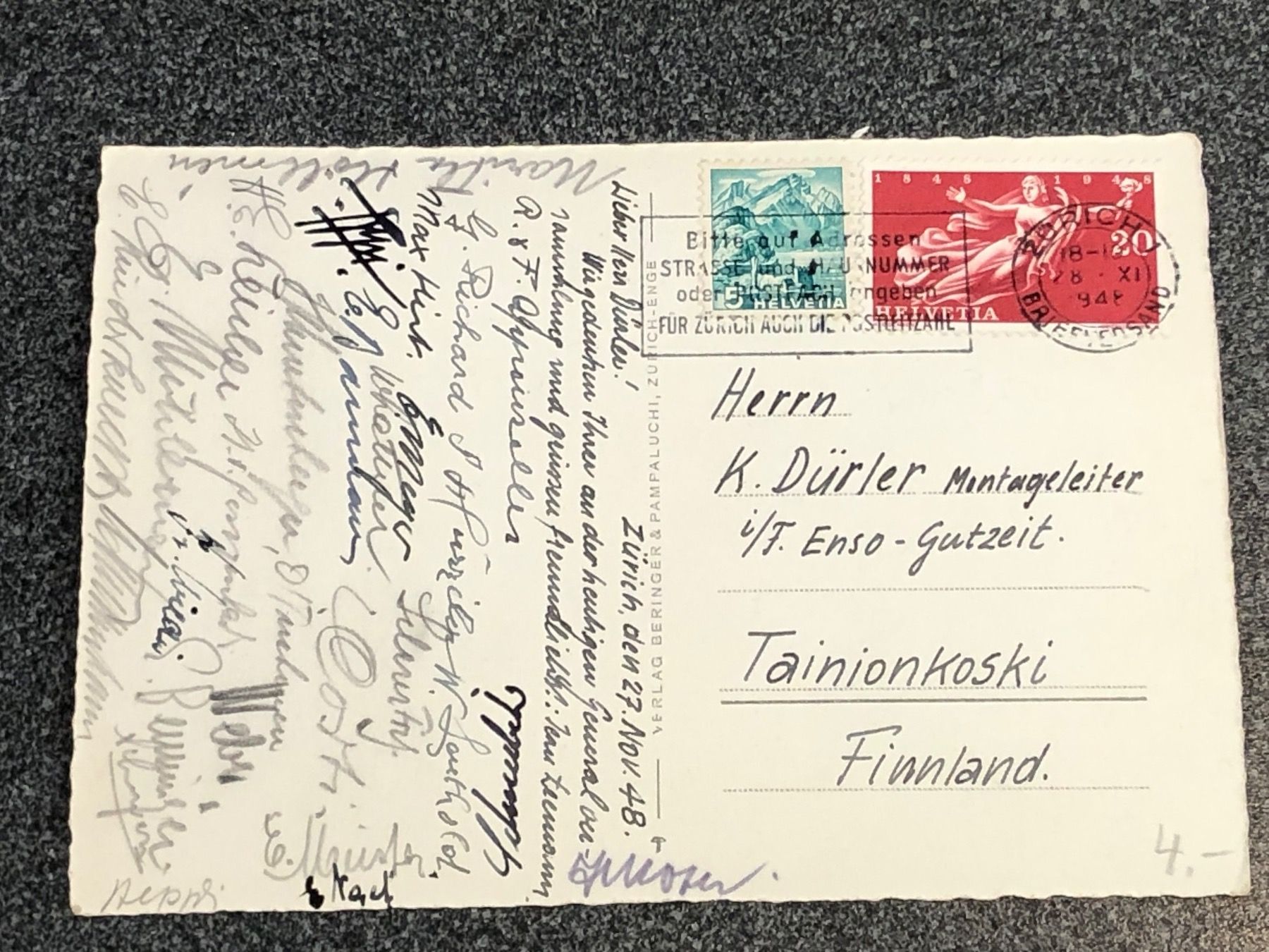 Autografi: Gesellschaft Schweiz-UNO Generalversammlung 27.11.1948 – Usato da Lufingen venduto da philatelieshop