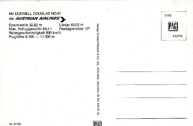 Cartoline postali: AUA - Austrian Airlines MD-81 + c1985 – Usato da Emmenbrücke venduto da teestube 1