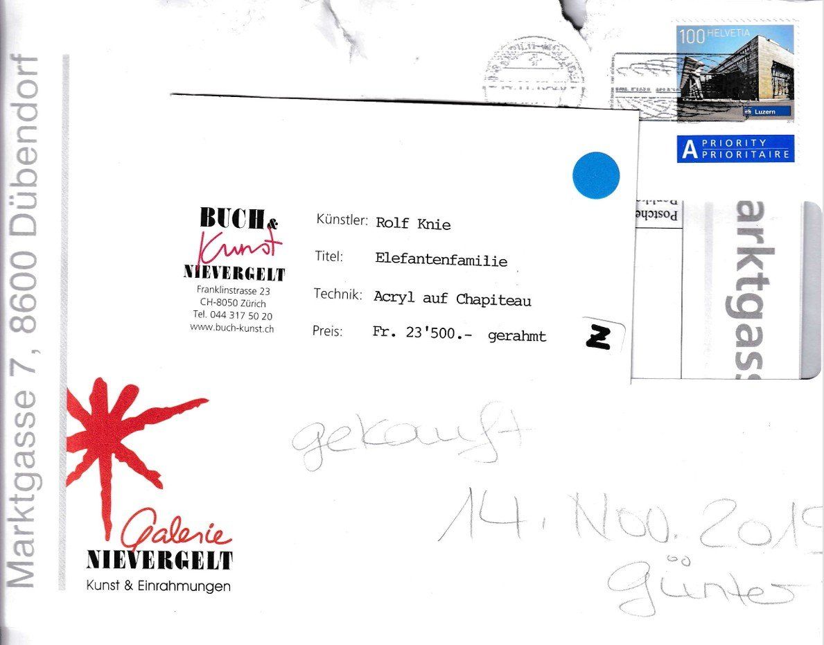 Dipinti: Rolf Knie "Elefantenfamilie" >ORIGINAL< – Usato da Stadel venduto da mriedel 1