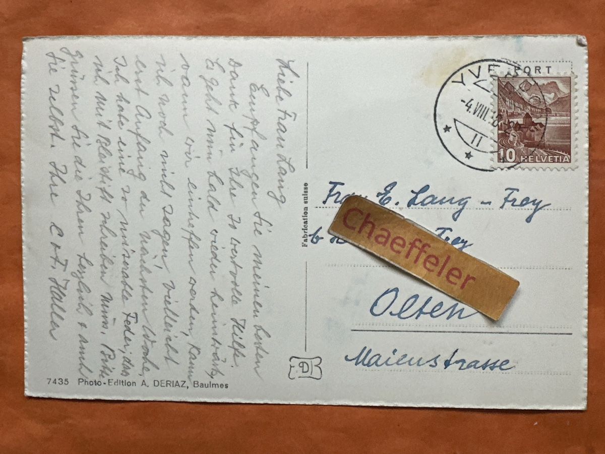 Cartoline postali: 1948 Yverdon, Château, Schloss – Usato da Zürich venduto da Chaeffeler 1