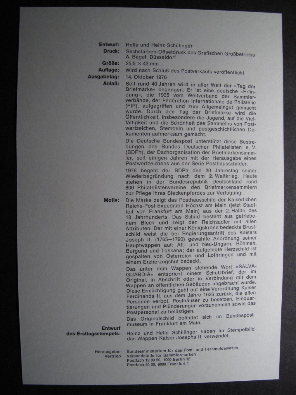 Tutti i francobolli: BRD 1976 /20 Tag der Briefmarke ETB – Usato da Wil SG venduto da fva01 1