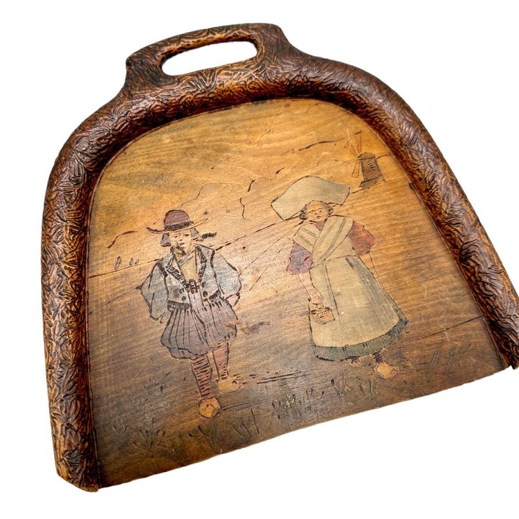 Plateau Ancien En Bois Pyrogravé Début Xxeme