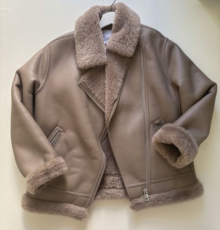 MANGO jacket, size XS, in taupe faux leather with fur