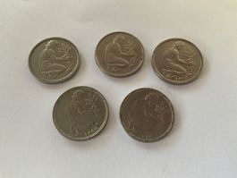 50-Pfennig Konvolut- 5 Münzen inkl. Bank Deutscher Länder