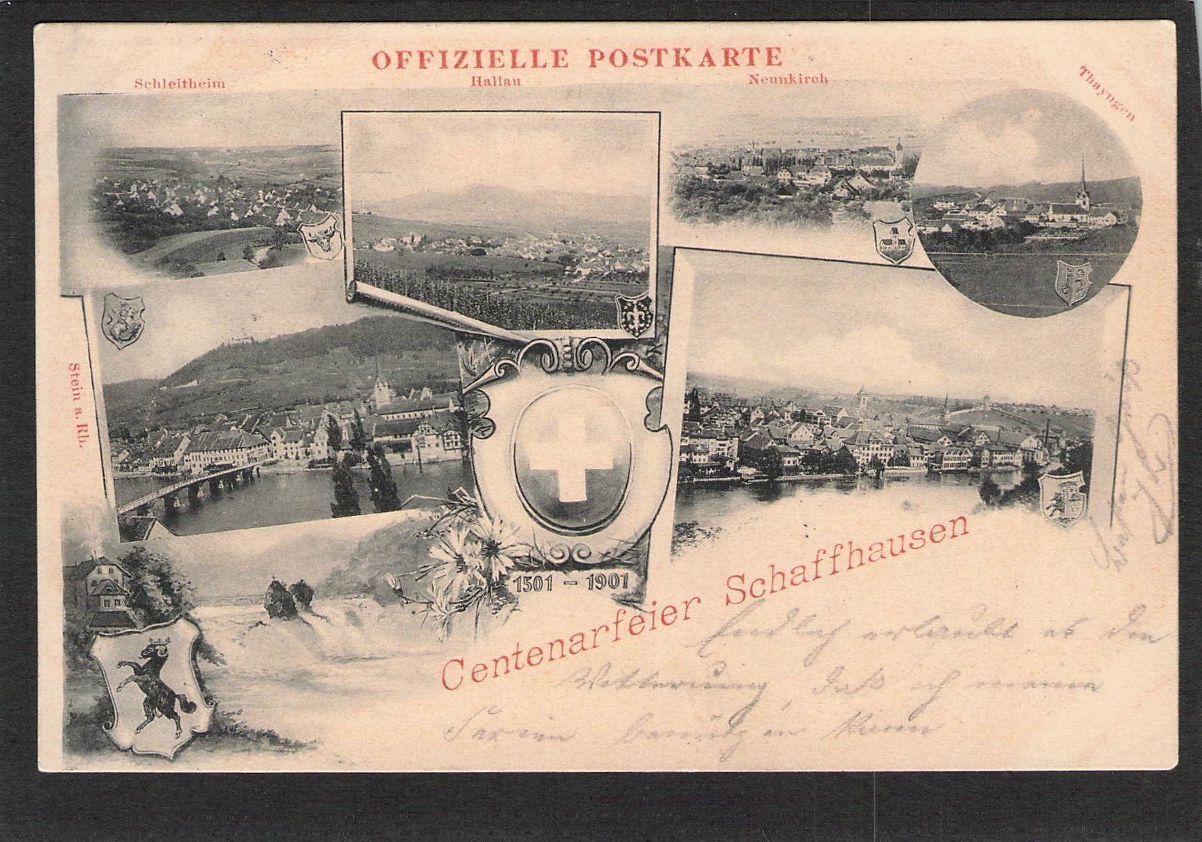 Ansichtskarten: AK, Schaffhausen,Centenarf.,7 Bild,1901 – Gebraucht aus Reichenburg von Pipo-67