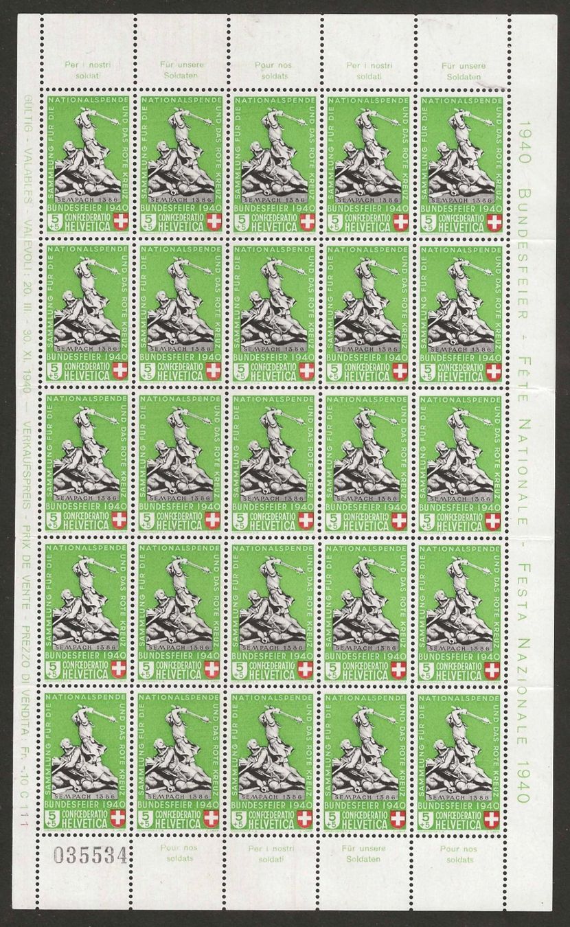 Alle Briefmarken: 1940 : Pro Patria Nr. B2 im Bogen, postfrisch ** – Neu (gemäss Beschreibung) aus Gümligen von Geniusbuy