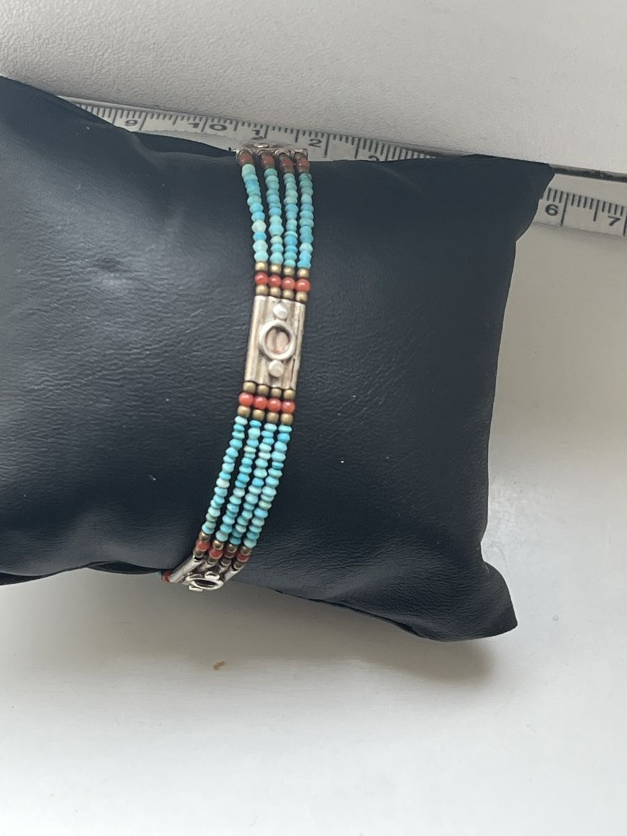 Bracelet Vintage Métal Argent, Cuir Noir Et Perle Turquoise - Occasion, Parfait état