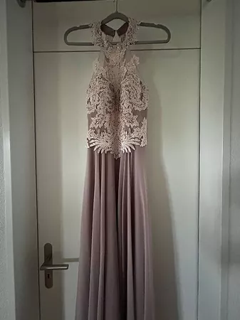 Abendkleid taupe mit Spitze und Steinen Grösse S