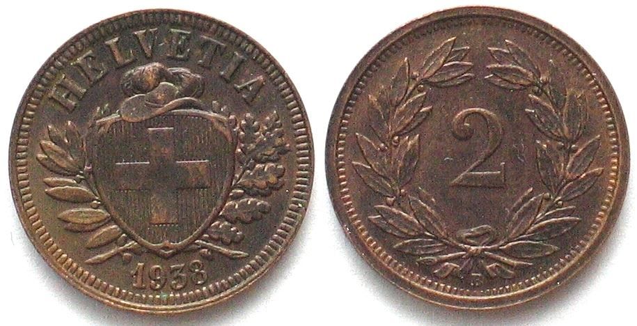 Tutti le monete: EIDGENOSSENSCHAFT 2 Rappen 1938 Bronze – Usato da Riehen venduto da sesambestcoins2004