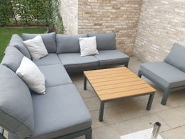 Moderne Loungegruppe Gartenmöbel Alu/Holzoptik grau